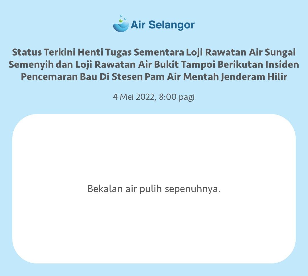 Bekalan Air Di 472 Kawasan Pulih Sepenuhnya Pagi Ini Selangorkini