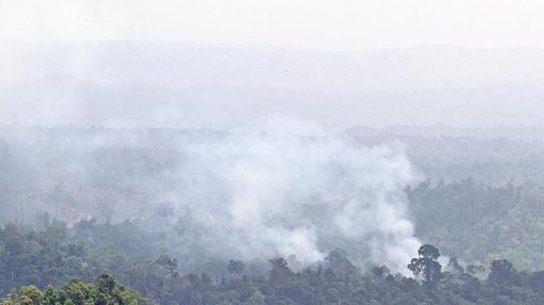 Kepulan asap dari pembakaran hutan untuk membuka lahan perkebunan di dataran tinggi Nisam Antara, Aceh Utara, Aeh, Minggu (30/7). Badan Meteorologi, Klimatologi, dan Geofisika (BMKG) Aceh menyebutkan 49 titik panas terpantau oleh satelit berada di delapan wilayah di Aceh sehingga menyebabkan bencana kabut asap hampir merambah 23 kabupaten/kota di Aceh. ANTARA FOTO/Rahmad/foc/17.